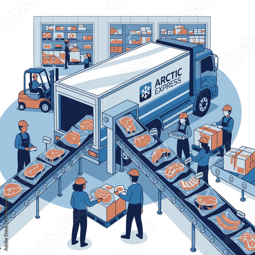 Industrial meat processing plant and cold chain logistics illustration