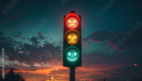表情のアイコンが光るシュールな信号機の夜景