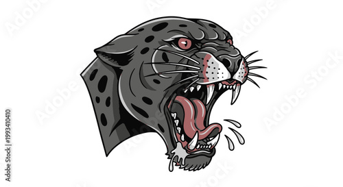 Aggressive Black Panther Head with Open Mouth Sharp Teeth Gothic Tattoo Style
