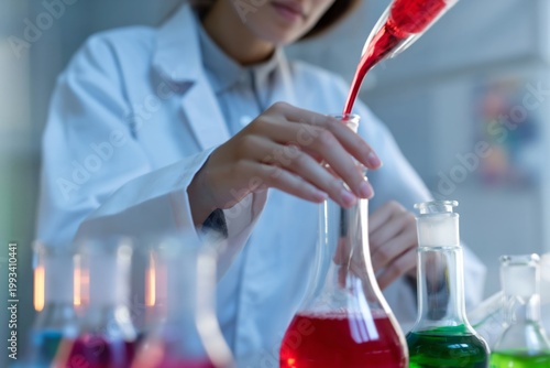 Scientist Performs Experiment With Red Liquid in Laboratory With Various Glas...