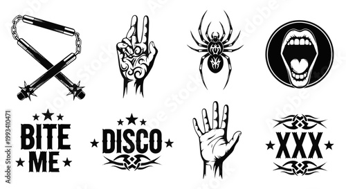 Collection of Black and White Tattoo style Icons and Text with Gothic Tattoo Elements