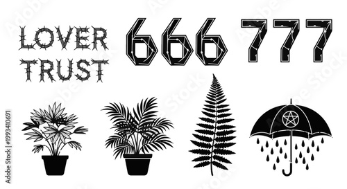 Dark Gothic Tattoo Design Elements Love and Trust Text Number 666 and 777 Fern and Pentagram Umbrella with Rain Drops