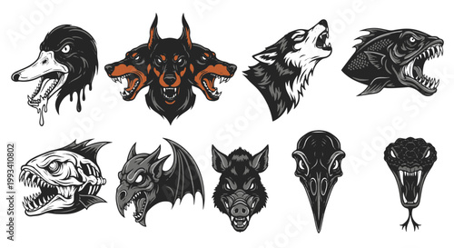 Fierce Gothic Tattoo Style Animal Heads Set Duck Rottweiler Wolf Fish Dragon Boar Raven Snake