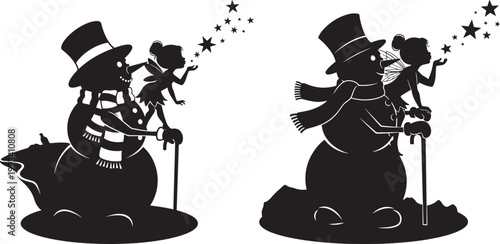 Silhouette of two snowmen with top hats and scarves standing with small fairies blowing stars black and white background christmas silhouette character illustration decoration whimsical
