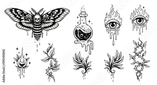 Gothic Tattoo Designs Moth with Skull Dripping Eyeball and Thorny Vine Elements
