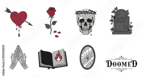 Gothic Tattoo Elements Bleeding Heart Rose Skull Rip Tombstone Praying Hands Open Book Wheel