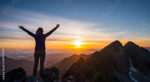 Woman on Mountain Peak Reaching Success Achievement in Sunrise Hiker with Arms Up Above Clouds Landscape Freedom Adventure Outdoor Wellbeing