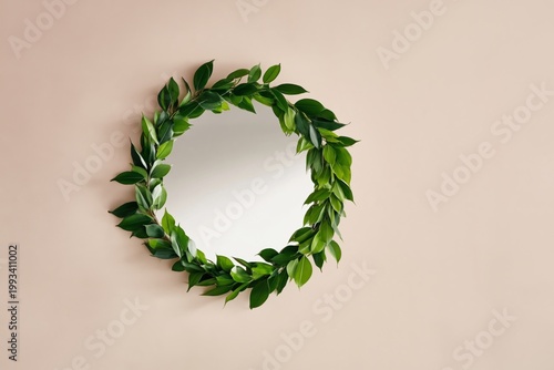 Circular Mirror With Green Leaf Decoration on Wall in Bright Indoor Space
