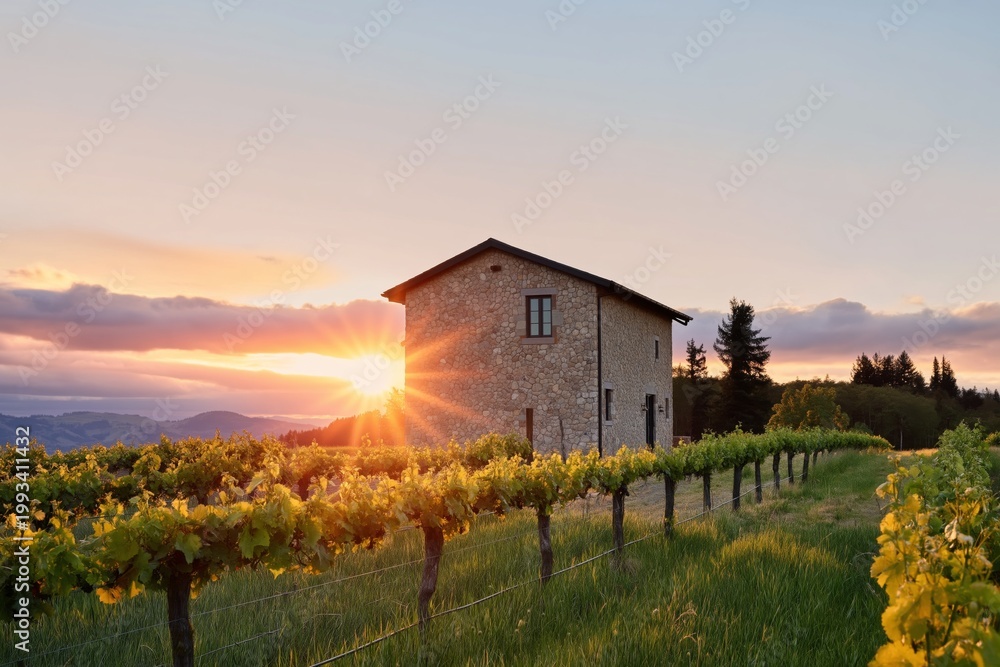 Fototapeta premium Sun Sets Behind Stone House in Vineyard During Evening in Countryside