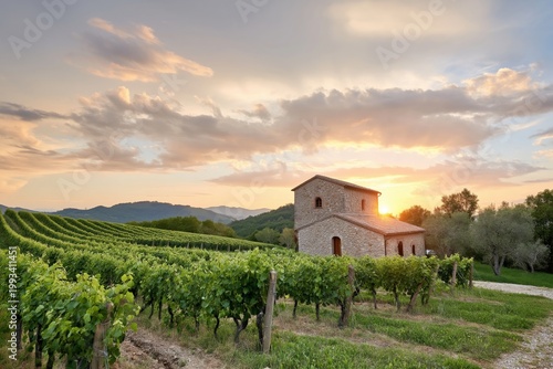 Sun Sets Behind Stone House in Vineyard During Evening in Countryside