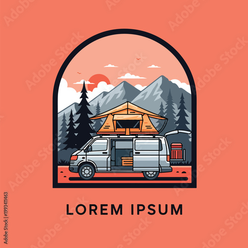 Vector illustration of a camper van with an orange rooftop tent.