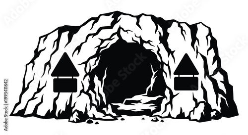 A dark cave entrance with rocky formations a striking silhouette