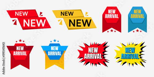 New Tags Collection. Big Set of New Stickers. Red Realistic Promo Labels and Ribbons. New Collection Signs.New arrival product tag Vector illustration