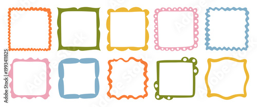 Doodle wave curve edge frame. Hand drawn wavy rectangle borders. Doodle brush drawn square and circle picture frame. Vector illustration isolated on white background.