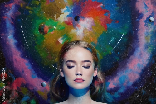 Artistic Representation of a Woman With Colorful Cosmic Background in a Creat...