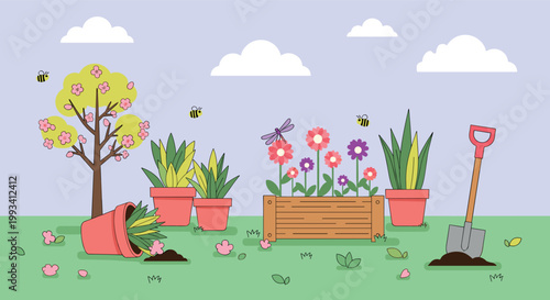 Colorful spring garden illustration with blooming flowers trees bees and gardening tools in a cheerful outdoor nature scene