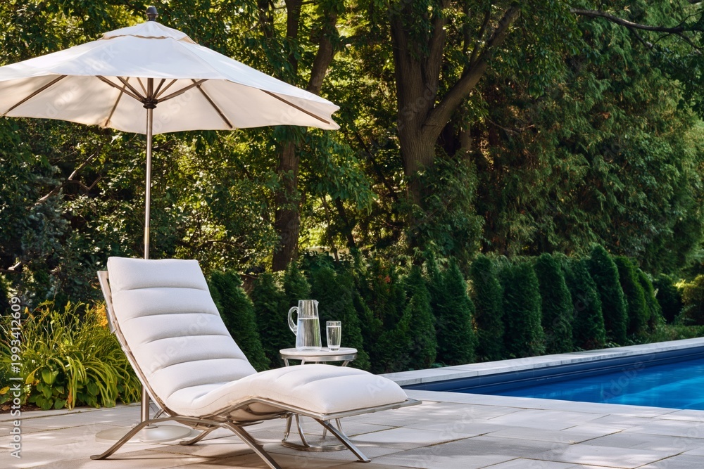 Obraz premium Relaxation Spot Near Pool With Umbrella and Drinks on Table by Ocean
