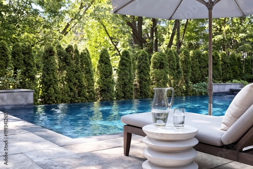 Relaxing by the Pool With a Drink Under an Umbrella at a Sunny Location