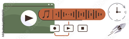 Digital media, content creation, streaming, entertainment, online playback, audio editing. Media player controls, soundwave clock and rocket icon. Digital media and content creation concepts