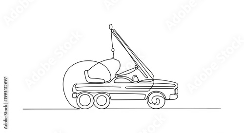 Minimalist continuous line drawing of a tow truck with a car on hook
