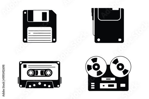 Vintage technology icons: floppy disks cassette tape reel-to-reel with cassette