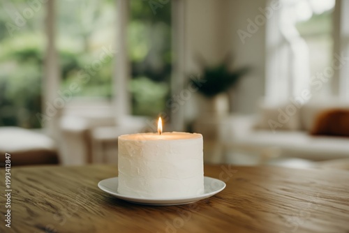 Candle Sits on a Table in a Cozy Living Room With Natural Light Coming Throug...