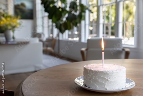 Celebration Cake With a Candle on a Table in a Bright Room During Daytime