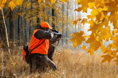 Hunter Aims Rifle at Target in Autumn Forest During Early Morning Light Near ...