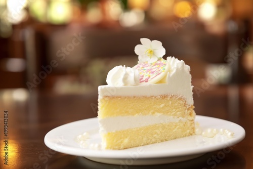 Delicious Slice of Cake on a White Plate in a Cozy Bakery During Daytime