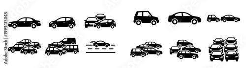 Cars Icon Set, Traffic Jam and Automobile Symbols on Transparent Background