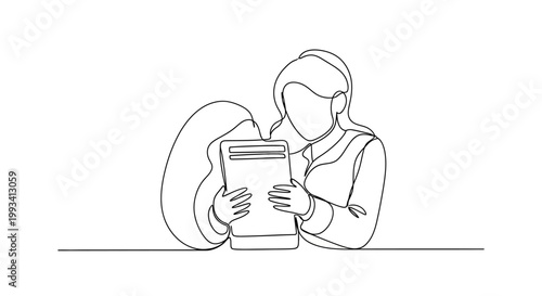 Woman reading a book, continuous line drawing, minimalist style, focus on learning and knowledge