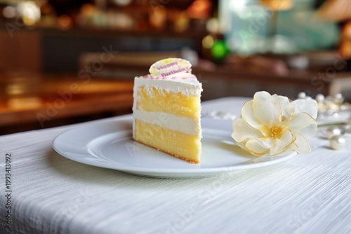 Cake Slice on a Plate With a Flower and Decoration in a Restaurant Setting
