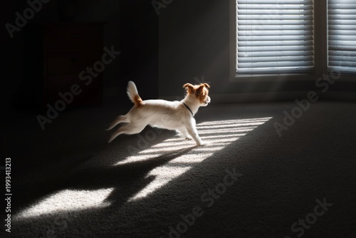 Dog Walks on Floor in Room With Sunlight Streaming Through Window