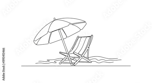 Minimalist beach scene, deck chair and umbrella on sand, simple line art illustration