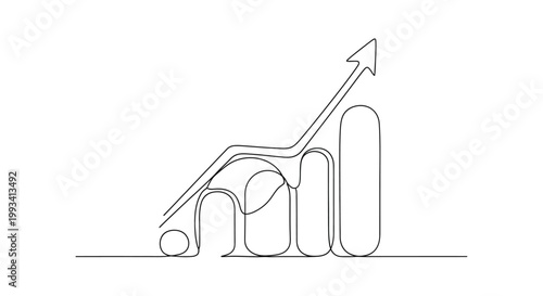 Continuous line drawing of a rising bar chart with an upward trending arrow, symbolizing growth and success.