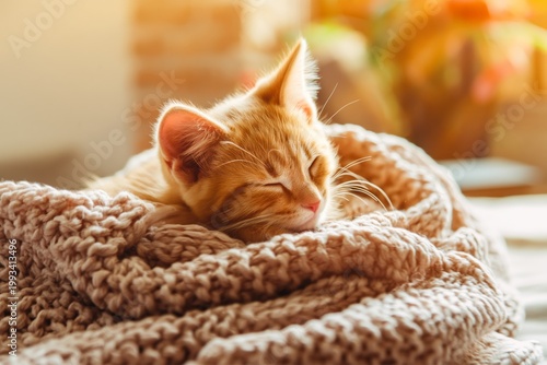 Orange Cat Sleeps on Cozy Blanket in Warm Room With Natural Light During Afte...