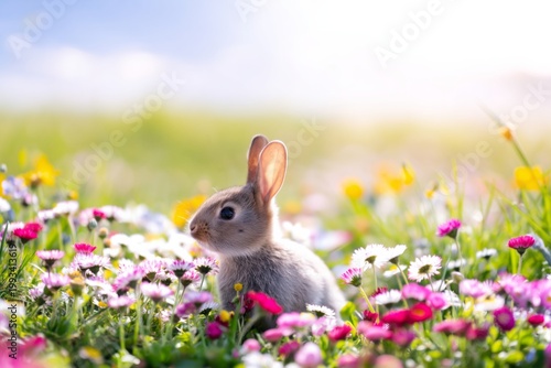 Rabbit Sits Among Colorful Flowers in a Garden During Springtime