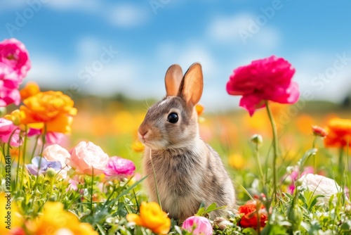 Rabbit Sitting Among Colorful Flowers in a Garden During Spring Season