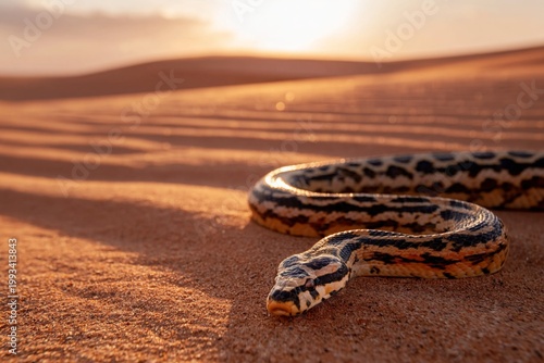Snake Resting on Sand During Sunset in a Desert Landscape