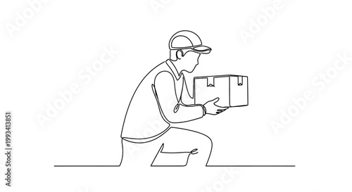 Delivery man in hard hat carrying a cardboard box, single line drawing, minimalist, logistics concept