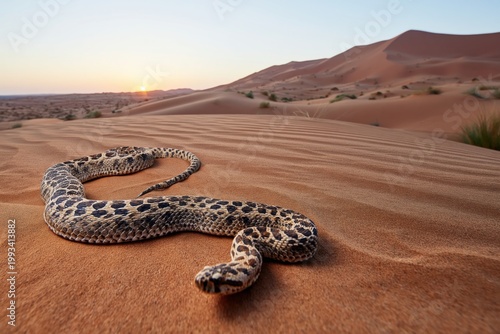 Snake Resting on Sand During Sunset in a Desert Landscape
