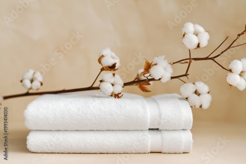 White Towel and Cotton Branch on a Plain Background for a Simple Decoration S...