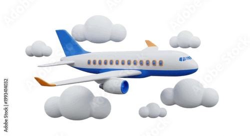 Vector illustration of 3d illustration of a passenger airplane flying among fluffy clouds on a transparent background