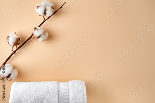 Cotton Branch and White Towels on a Simple Background