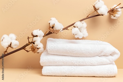 Cotton Branch and White Towels on a Simple Background