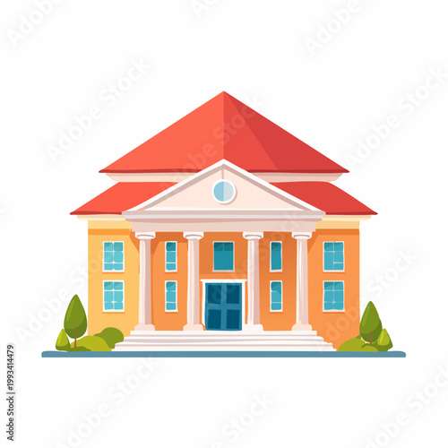 Cartoon Building with Columns and Red Roof