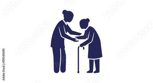 Caregiver Assisting Elderly Woman with Cane.