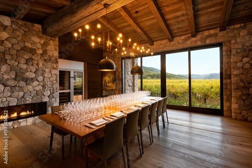 Long Dining Table Set for Gathering in Modern Space With Wood Features and Wi...