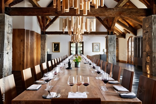Long Dining Table Set for Gathering in Modern Space With Wood Features and Wi...