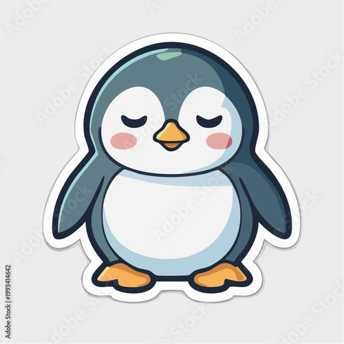 Cute cartoon penguin with closed eyes and rosy cheeks